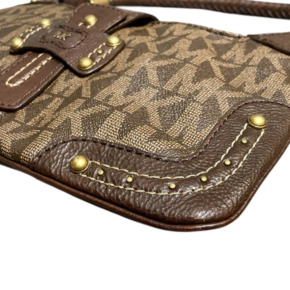 Michael Kors Studded Brown Signature Baguette Shoulder Bag with Woven Handles - Picture 12 of 15